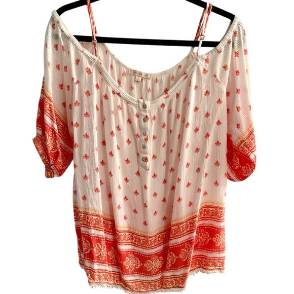 Skies Are Blue Tops - Skies Are Blue Womens XL Orange and White off the Shoulder Blouse